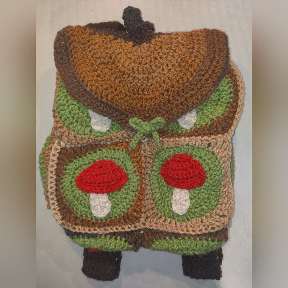 Handmade Crochet Mushroom Granny Square Backpack